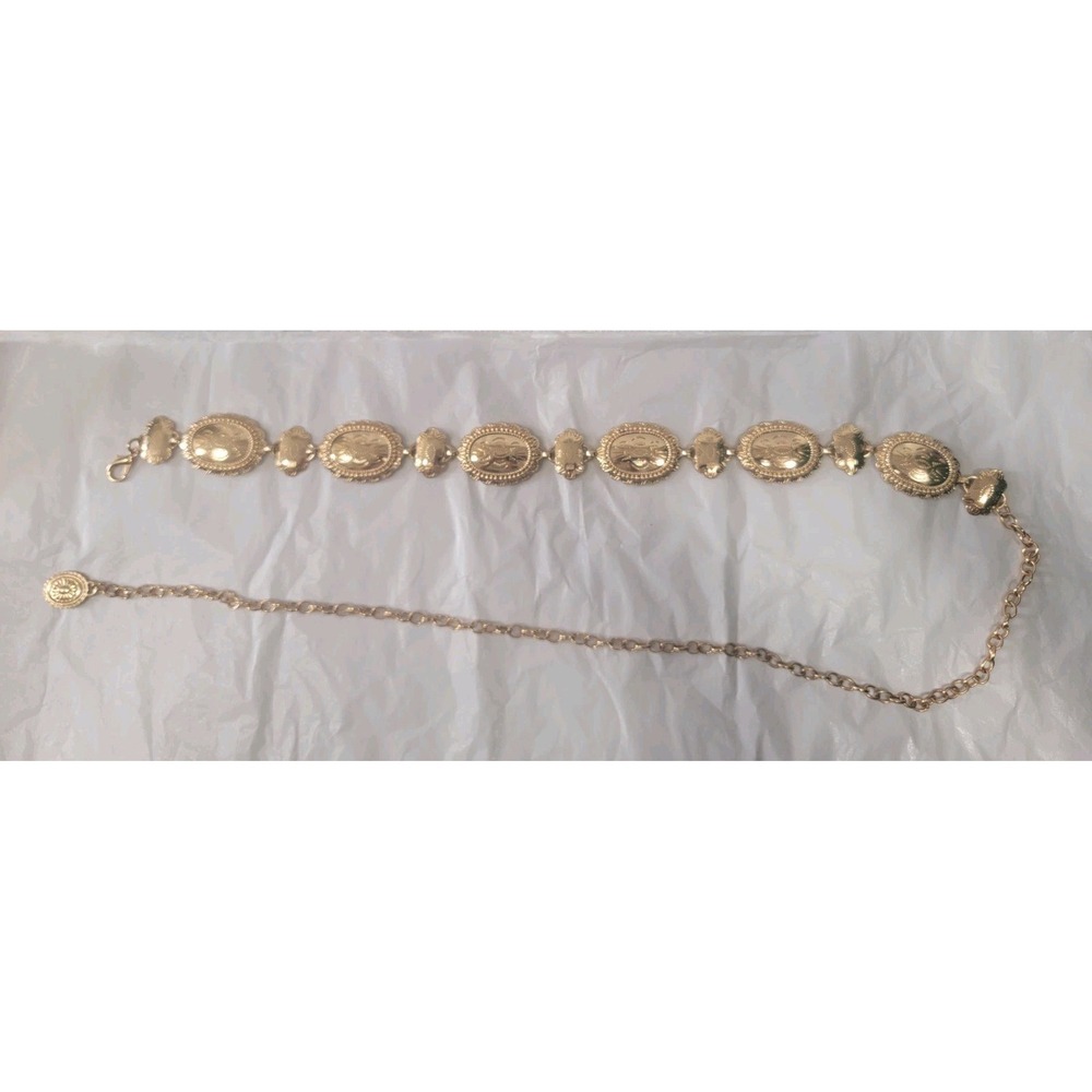 Vintage Style Gold Tone Oval Concho Chain Belt Western Boho Medallion Waist